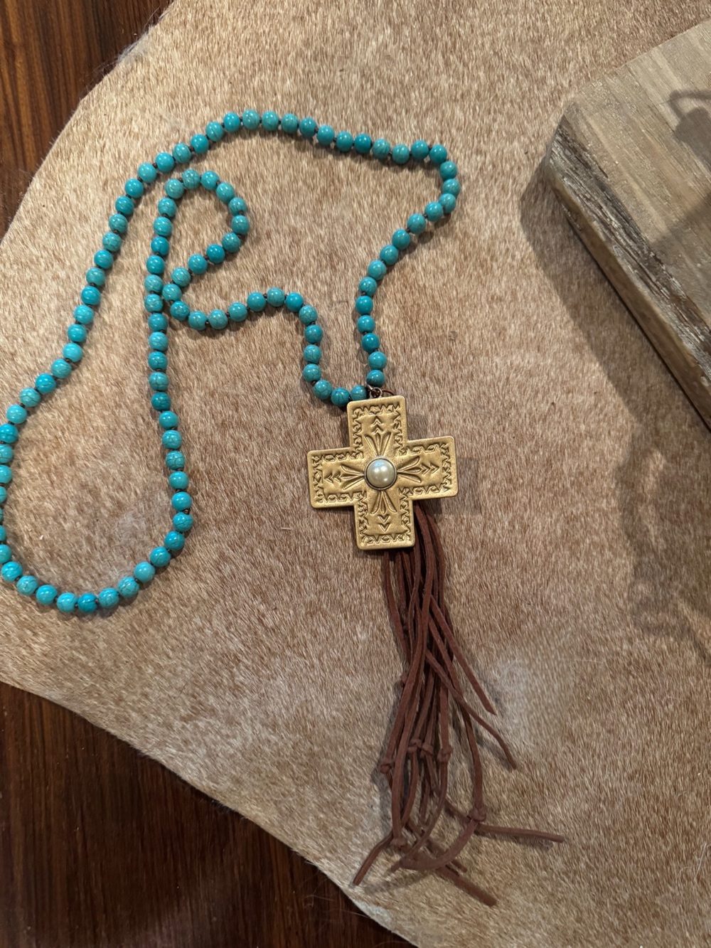 Turquoise Beaded, Gold Cross Pendant Necklace with Brown Leather Fringe 24”